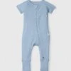 Waffle Short Sleeve Zipped Romper - Blue Fog