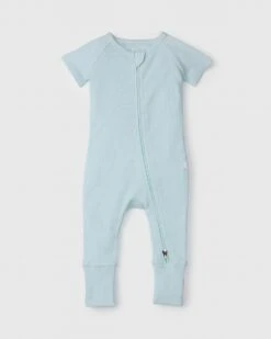 Waffle Short Sleeve Zipped Romper - Sea Glass