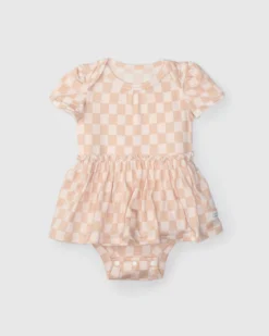 Short Sleeve Bodysuit Dress - Pink Checkerboard
