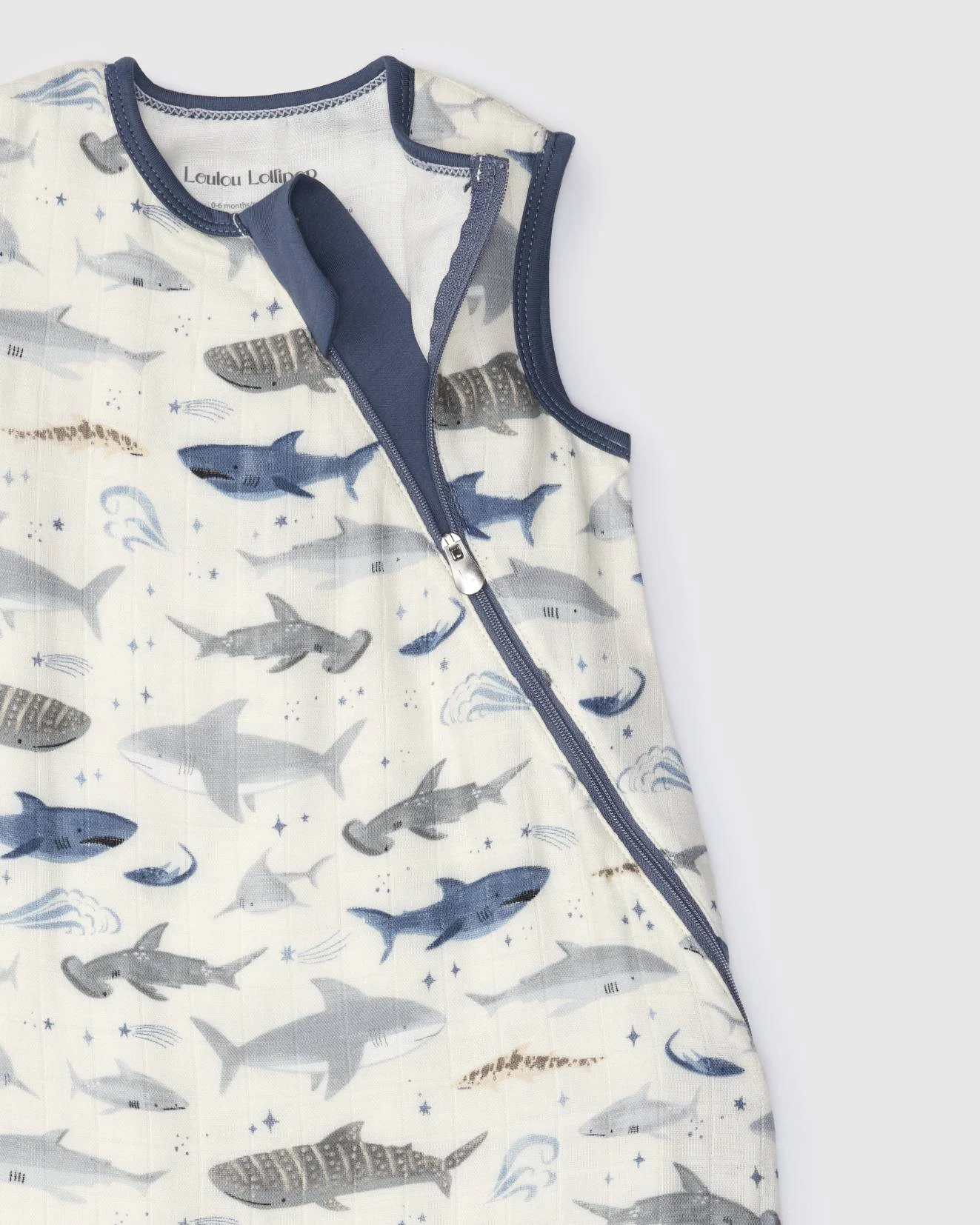 Muslin Lightweight Sleep Bag 0.5 TOG - Smiley Sharks 2 Muslin Lightweight Sleep Bag 0.5 TOG - Smiley Sharks - Image 2