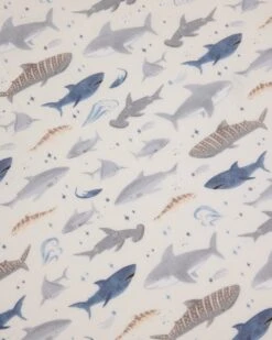 Muslin Fitted Crib Sheet - Smiley Sharks -Bandana Store CRIBSHK MuslinFittedCribSheet Sharks 2