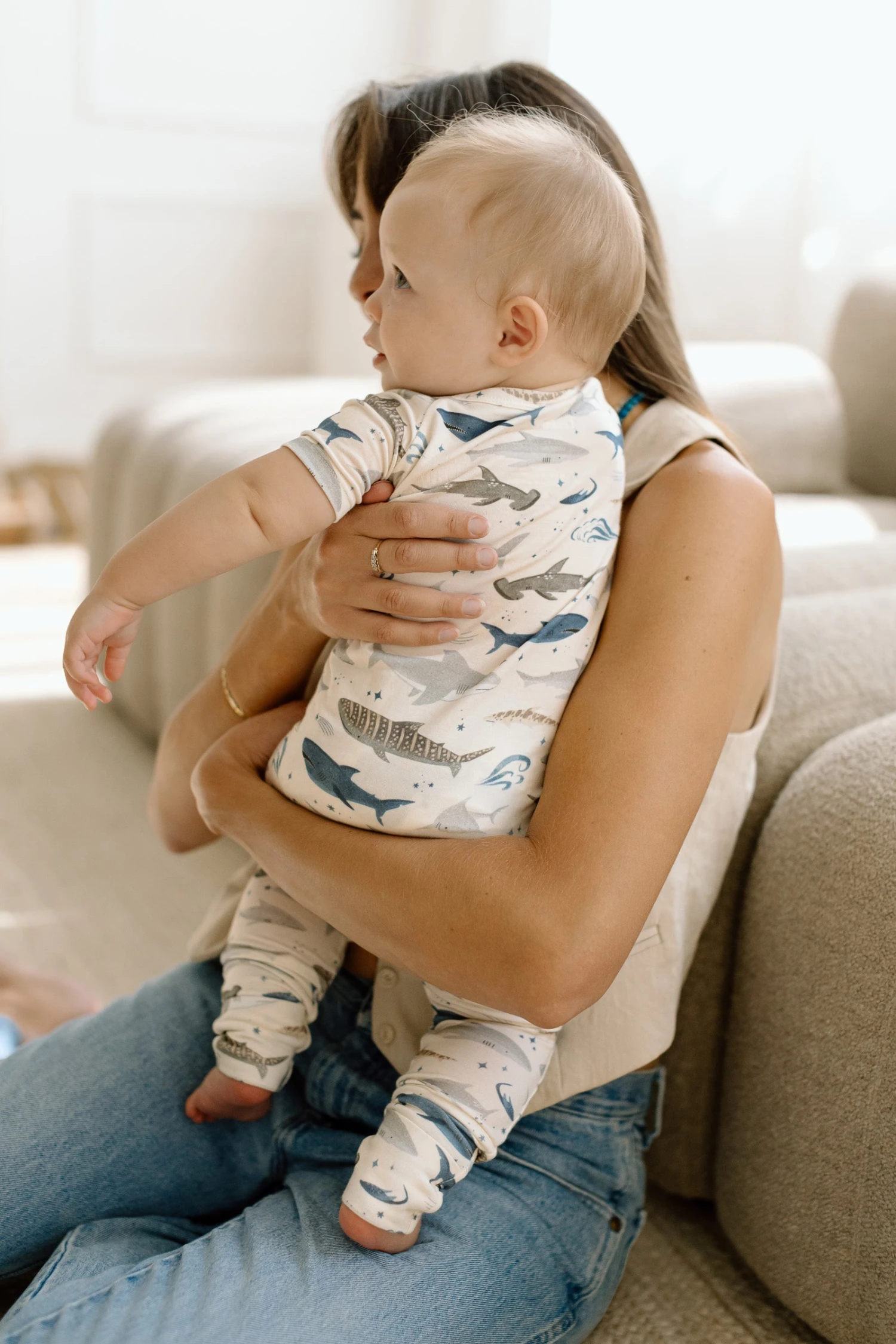 Short Sleeve Zipped Romper - Smiley Sharks 3 Short Sleeve Zipped Romper - Smiley Sharks - Image 3