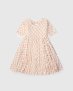 Short Sleeve Skater Dress - Pink Checkerboard