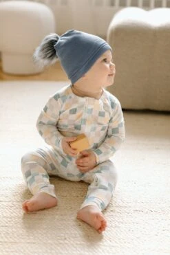 Waffle Pom Pom Hat - Denim Blue